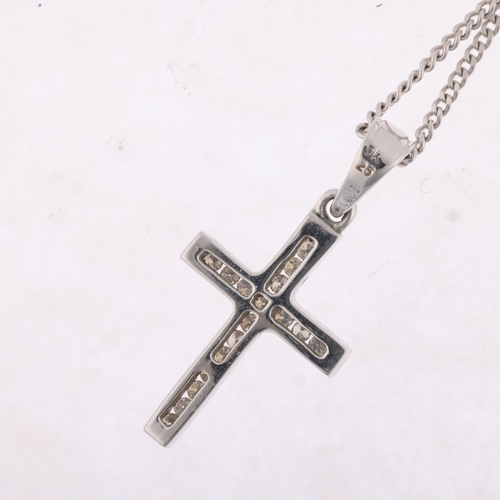 1274 - A modern 9ct white gold diamond cross pendant necklace, on 9ct fine curb link chain, total diamond c... 