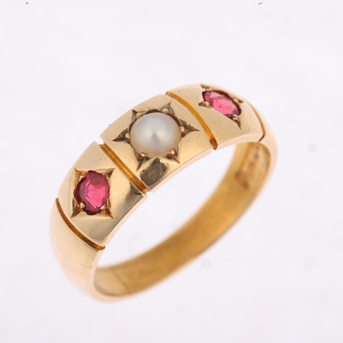 1279 - A Victorian 18ct gold three stone pearl and garnet gypsy ring, setting height 6.6mm, size N, 5.3g