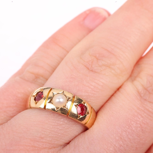 1279 - A Victorian 18ct gold three stone pearl and garnet gypsy ring, setting height 6.6mm, size N, 5.3g