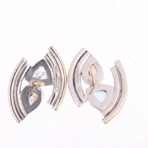 1280 - A pair of sterling silver and 18ct gold aquamarine and diamond earrings, maker BB, London 2003, set ... 