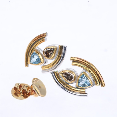 1280 - A pair of sterling silver and 18ct gold aquamarine and diamond earrings, maker BB, London 2003, set ... 