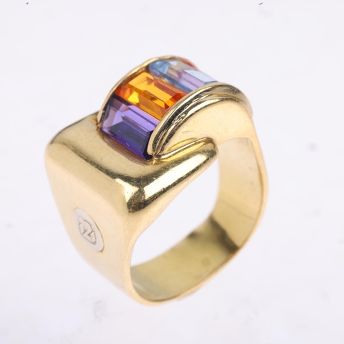 1281 - A Continental 18ct gold rainbow gem set tank ring, setting height 15mm, size K, 9.5g