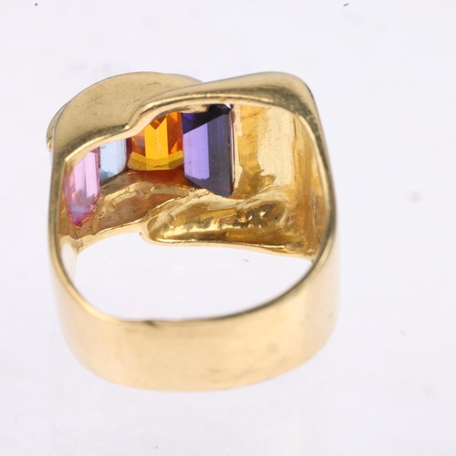 1281 - A Continental 18ct gold rainbow gem set tank ring, setting height 15mm, size K, 9.5g