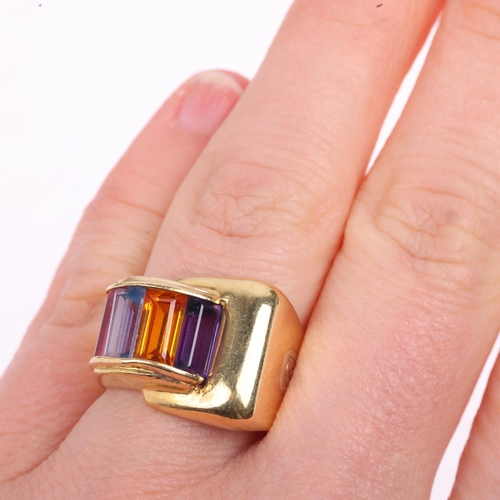 1281 - A Continental 18ct gold rainbow gem set tank ring, setting height 15mm, size K, 9.5g