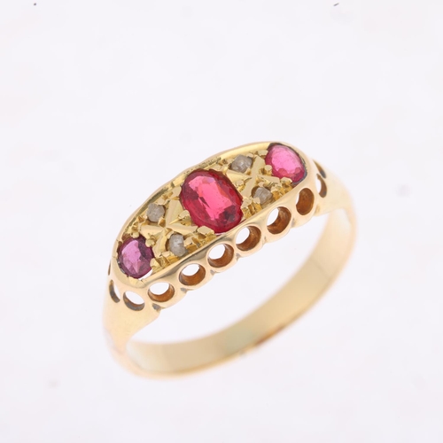 1286 - An early 20th century seven stone ruby and diamond half hoop ring, apparently unmarked, setting heig... 