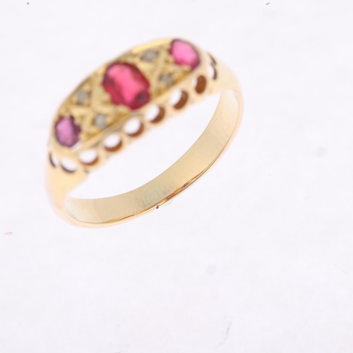 1286 - An early 20th century seven stone ruby and diamond half hoop ring, apparently unmarked, setting heig... 