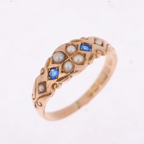 1287 - An early 20th century 9ct rose gold split pearl and blue paste half hoop ring, maker B&H, Birmingham... 