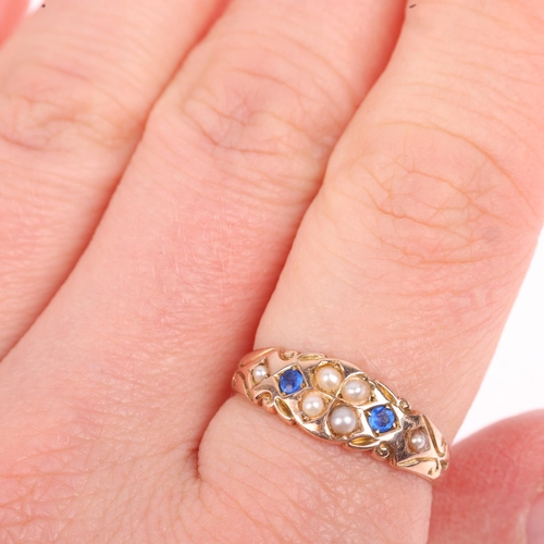 1287 - An early 20th century 9ct rose gold split pearl and blue paste half hoop ring, maker B&H, Birmingham... 