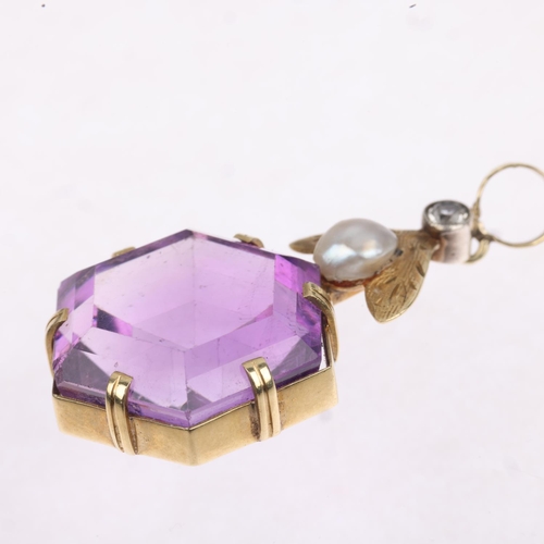 1288 - A 14ct gold amethyst Baroque pearl and white sapphire drop pendant, set with hexagonal step-cut amet... 