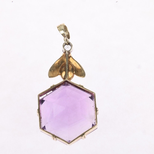 1288 - A 14ct gold amethyst Baroque pearl and white sapphire drop pendant, set with hexagonal step-cut amet... 