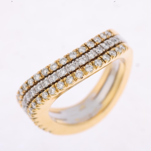 1294 - A modern 18ct three colour gold diamond wave band ring, set with modern round brilliant-cut diamonds... 