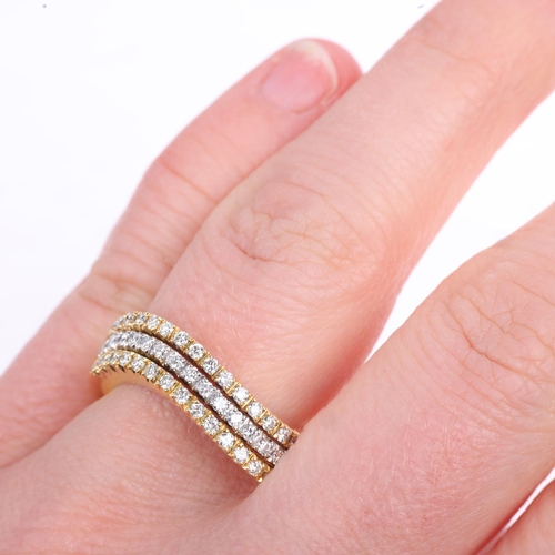 1294 - A modern 18ct three colour gold diamond wave band ring, set with modern round brilliant-cut diamonds... 