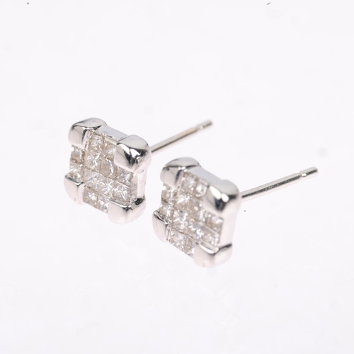 1295 - A pair of diamond cluster panel earrings, set with Princess-cut diamonds, apparently unmarked, 6.8mm... 