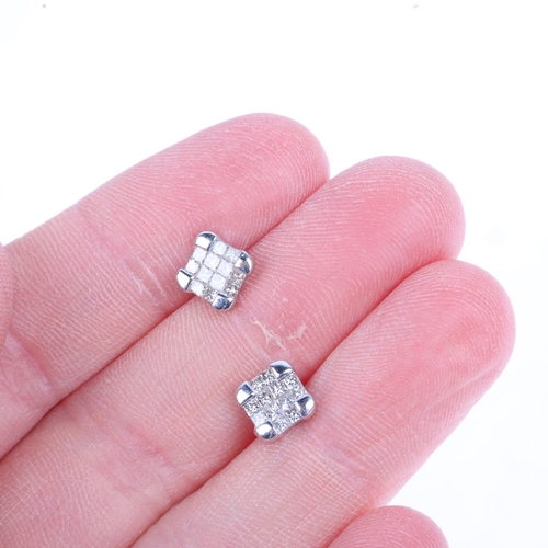 1295 - A pair of diamond cluster panel earrings, set with Princess-cut diamonds, apparently unmarked, 6.8mm... 