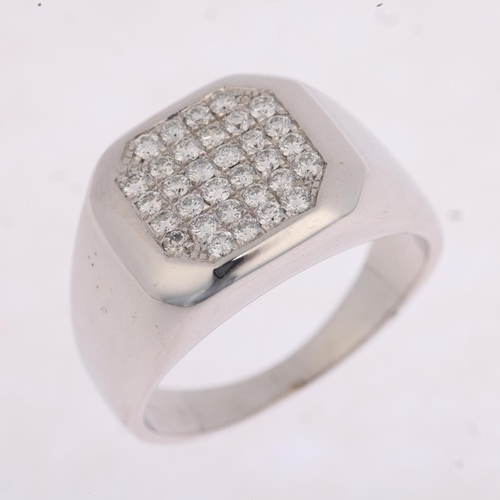 1297 - An 18ct white gold diamond signet ring, pave set with modern round brilliant-cut diamonds, total dia... 