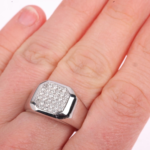 1297 - An 18ct white gold diamond signet ring, pave set with modern round brilliant-cut diamonds, total dia... 