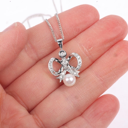 1301 - A modern whole pearl and diamond ribbon bow matching pendant necklace and earring set, set with mode... 