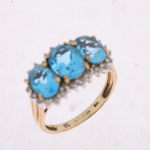 1307 - A 9ct gold blue topaz and diamond triple cluster ring, Birmingham 1999, setting height 11.1mm, size ... 