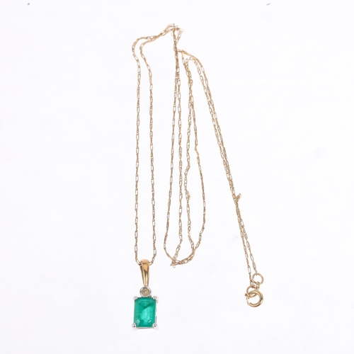 1308 - A 9ct gold emerald and diamond pendant necklace, on 9ct fine chain, pendant 17.5mm, chain 50cm, 1.6g