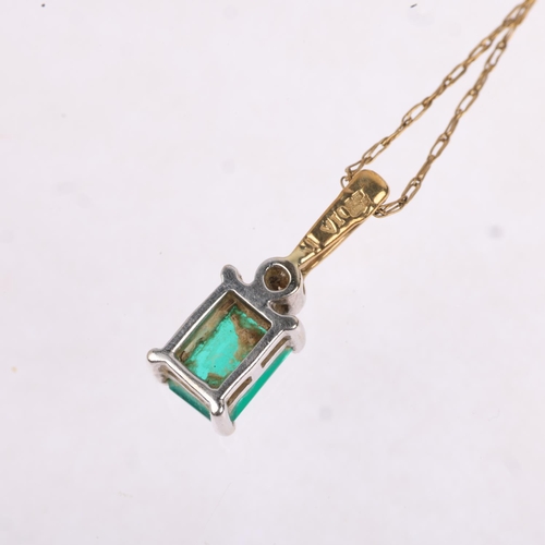 1308 - A 9ct gold emerald and diamond pendant necklace, on 9ct fine chain, pendant 17.5mm, chain 50cm, 1.6g