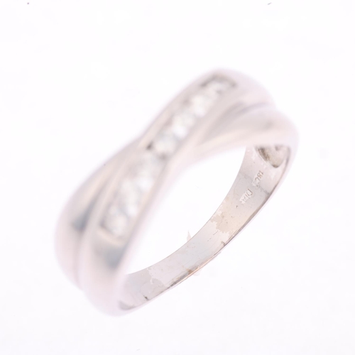 1313 - An 18ct white gold diamond crossover band ring, channel set with modern round brilliant-cut diamonds... 