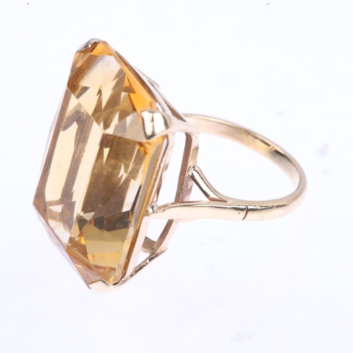 1316 - A large 1960s 9ct gold citrine dress ring, maker WN, citrine measures: 25.7 x 19.8 x 11.5mm, size Q,... 