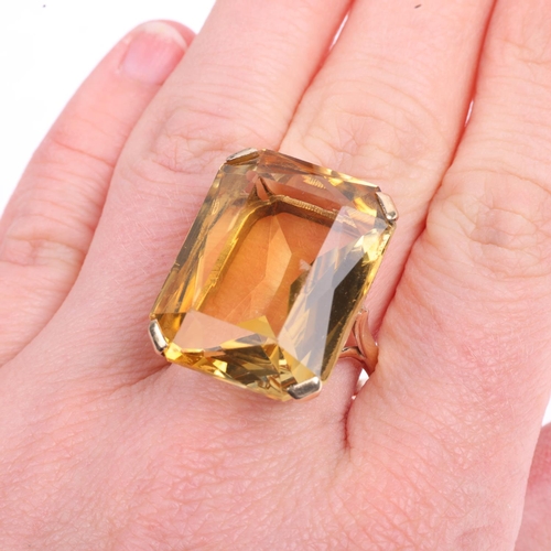 1316 - A large 1960s 9ct gold citrine dress ring, maker WN, citrine measures: 25.7 x 19.8 x 11.5mm, size Q,... 