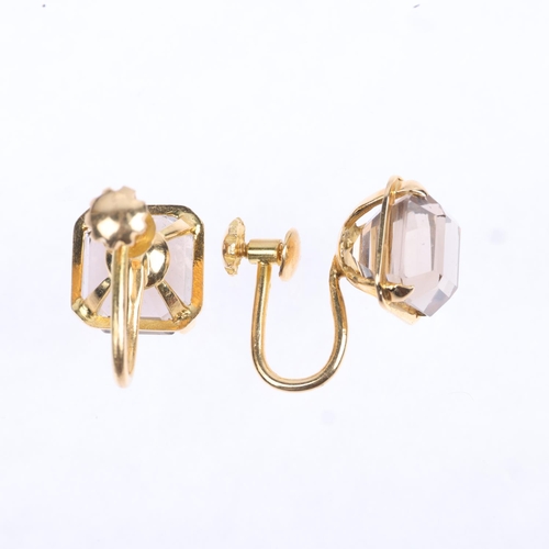 1317 - A pair of smoky quartz earrings, with unmarked gold screw-back fittings, 11mm, 5.1g