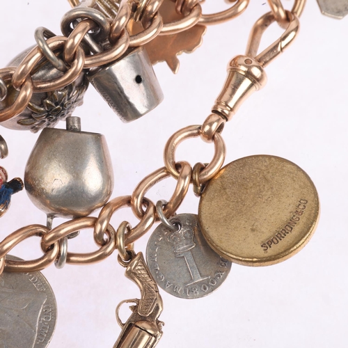 1335 - An Antique 15ct rose gold curb link chain charm bracelet, with various gold and silver charms, 18cm,... 