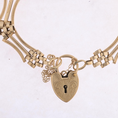 1336 - A late 20th century 9ct gold gatelink chain bracelet, with 9ct heart padlock clasp, 18cm, 15.9g