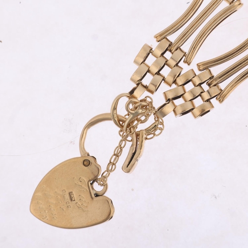 1336 - A late 20th century 9ct gold gatelink chain bracelet, with 9ct heart padlock clasp, 18cm, 15.9g