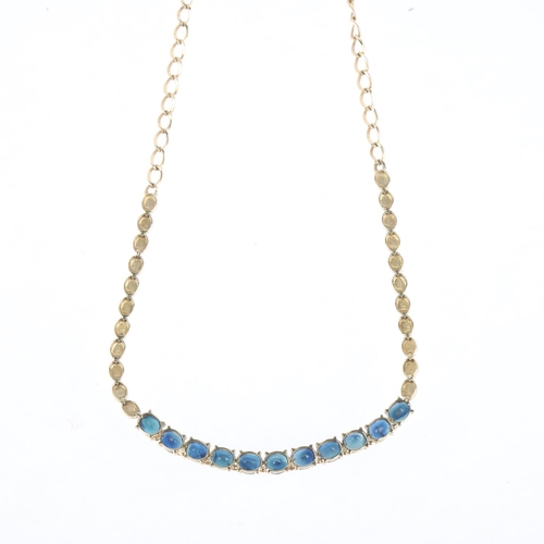 1337 - A 9ct gold sapphire line collar necklace, claw set with oval mixed-cut sapphires, 40cm, 8.1g