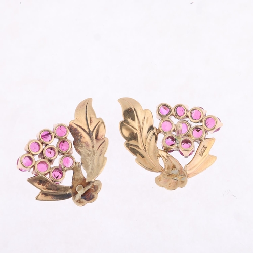 1339 - A pair of Vintage 9ct gold ruby floral spray earrings, with stud fittings, 21.6mm, 4.3g