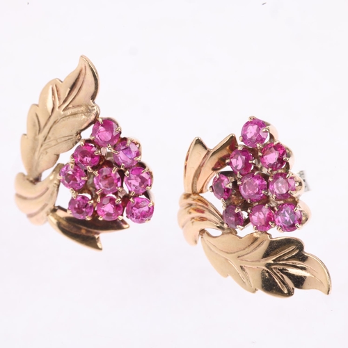 1339 - A pair of Vintage 9ct gold ruby floral spray earrings, with stud fittings, 21.6mm, 4.3g