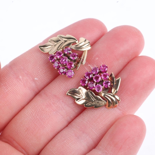 1339 - A pair of Vintage 9ct gold ruby floral spray earrings, with stud fittings, 21.6mm, 4.3g