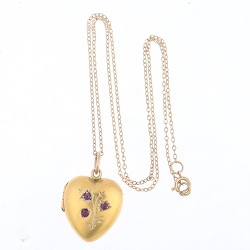 1340 - A Victorian 15ct gold ruby heart photo locket pendant necklace, on 9ct fine cable link chain, pendan... 