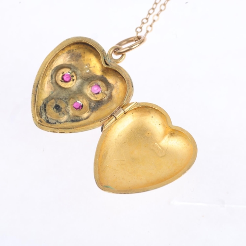 1340 - A Victorian 15ct gold ruby heart photo locket pendant necklace, on 9ct fine cable link chain, pendan... 