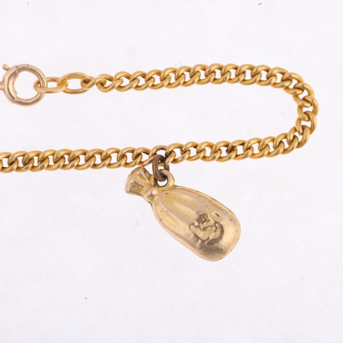 1341 - An 18ct gold hollow curb link chain bracelet with 9ct moneybag charm, 16cm, 2.1g