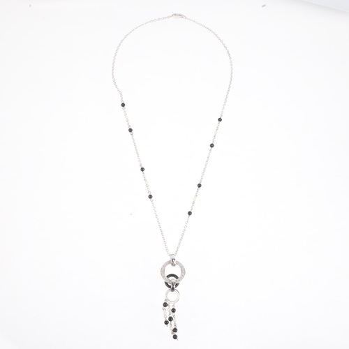 1344 - A modern 9ct white gold pearl onyx and diamond hoop drop pendant necklace, on 9ct cable link spacer ... 