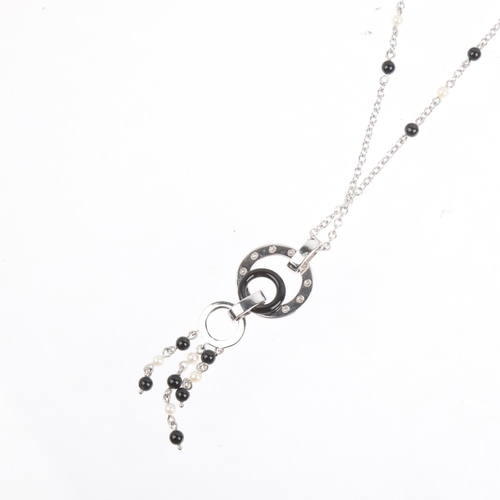 1344 - A modern 9ct white gold pearl onyx and diamond hoop drop pendant necklace, on 9ct cable link spacer ... 