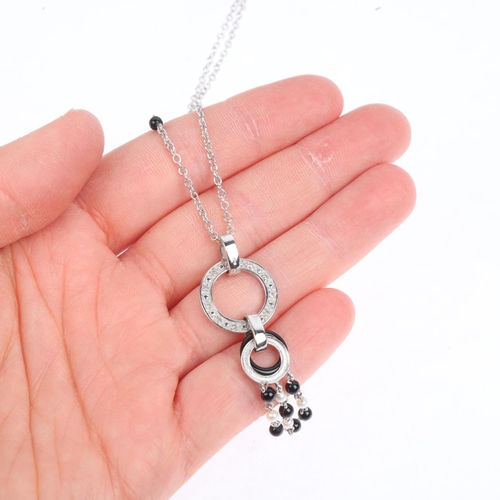 1344 - A modern 9ct white gold pearl onyx and diamond hoop drop pendant necklace, on 9ct cable link spacer ... 