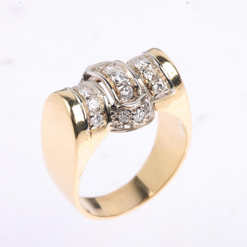 1345 - A Continental 18ct gold diamond tank ring, set with modern round brilliant-cut diamonds, total diamo... 