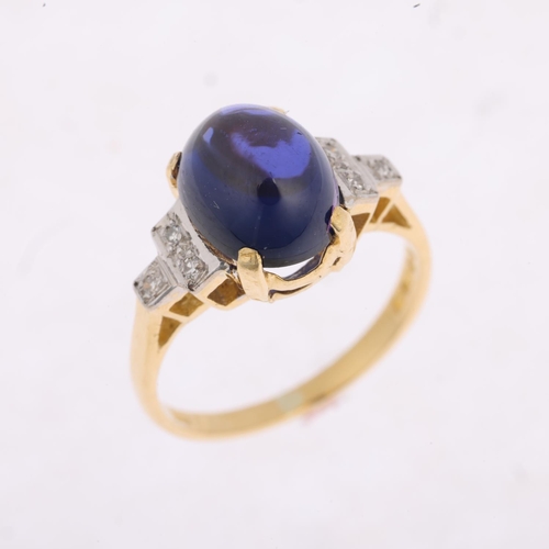 1346 - An 18ct gold iolite and diamond dress ring, maker S&R, London 1976, claw set with oval cabochon ioli... 