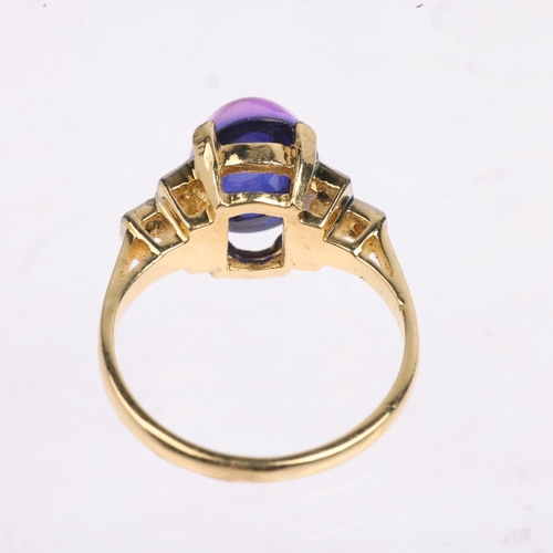 1346 - An 18ct gold iolite and diamond dress ring, maker S&R, London 1976, claw set with oval cabochon ioli... 