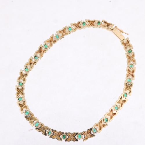 1349 - A modern 9ct gold emerald tennis line bracelet, 19cm, 6g