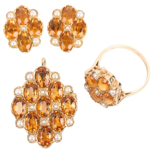 1351 - A late 20th century 9ct gold citrine and pearl chequerboard jewellery set, maker HBJ, London 1976, c... 