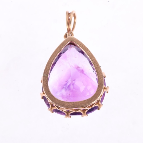 1352 - A late 20th century French 9ct gold amethyst drop pendant, claw set with 24ct pear-cut amethyst, 35.... 