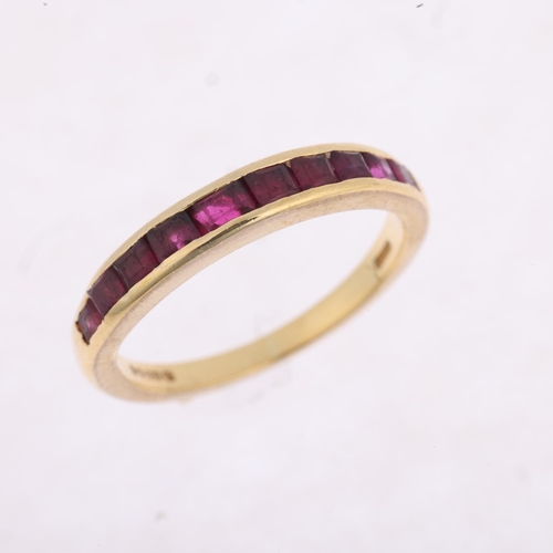 1356 - An 18ct gold ruby half eternity ring, maker A&HR, London 1995, band width 3.5mm, size L, 3.1g