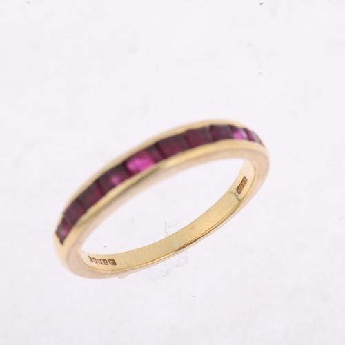 1356 - An 18ct gold ruby half eternity ring, maker A&HR, London 1995, band width 3.5mm, size L, 3.1g