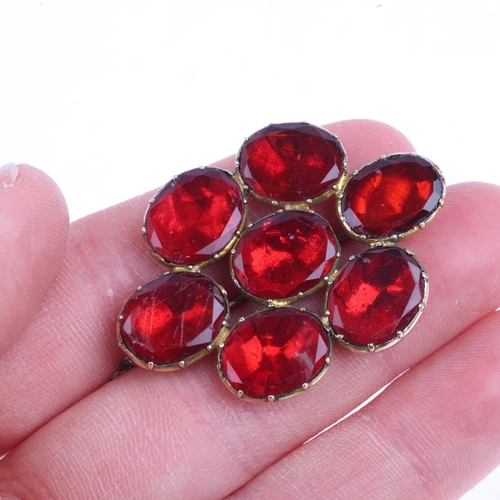 1358 - A Georgian flat-top red paste cluster mourning brooch, circa 1820, apparently unmarked foiled closed... 